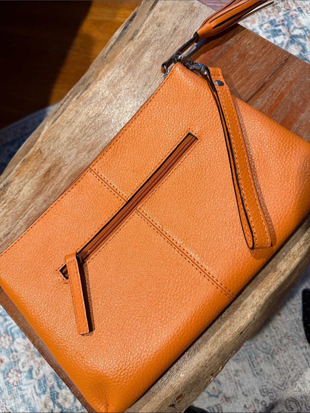 Pebbled Orange Leather Wristlet Clutch with Front Zip